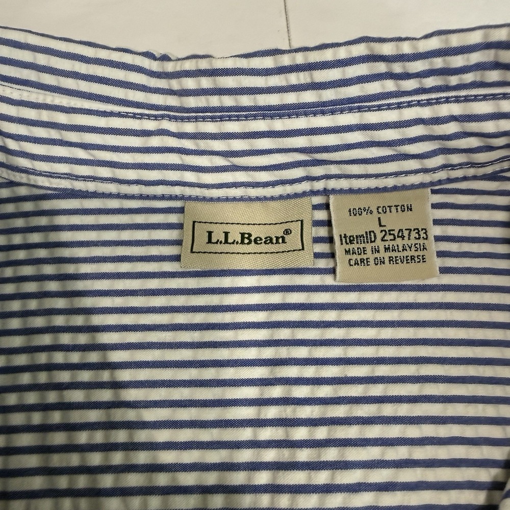 LL Bean Blue White Stripe 3/4 Sleeve‎ Button Up Cotton Seersucker Shirt LARGE - Picture 10 of 11